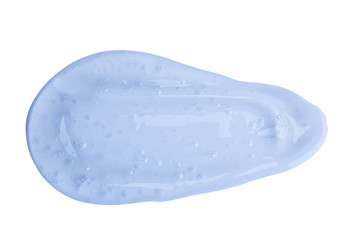 Sample of transparent cosmetic gel on white background, top view
