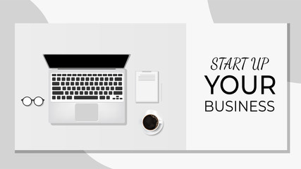 Start up your business template with laptop and coffee. top view vector layout. work from home vector