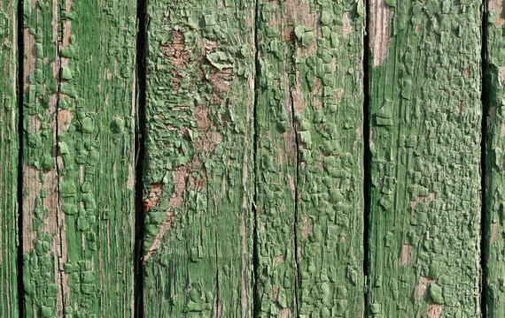 Old wooden rustic fence texture with green peeling paint.