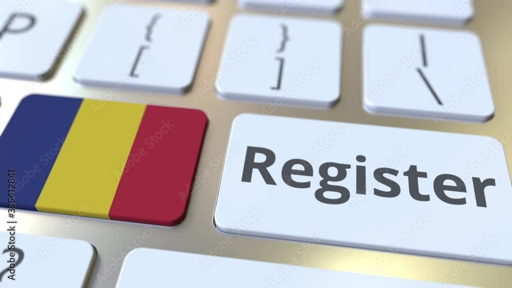 Poster register text and flag of romania on the keyboard. online services related 3d animation