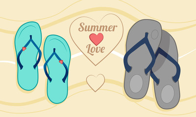 Postcard from the rest on the coast; slippers by the sea; a pair of shoes; vacation of lovers on the coast; summer love by the sea; invitation to the summer holidays; men's and women's slippers.