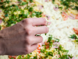 Photo of female hand sprinkling greens in a dish