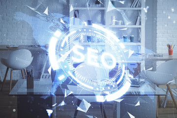 Double exposure of SEO drawing and office interior background. Concept of Search optimization...