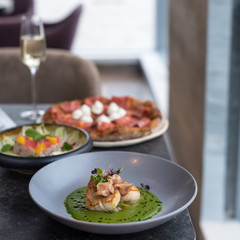 Seared Scallops with Pea Puree, Bacon and Asparagus