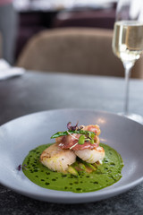 Seared Scallops with Pea Puree, Bacon and Asparagus