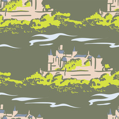 castle landscape abstract outdoor seamless pattern soft color vector
