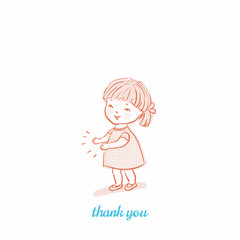 Hand drawn sketchy illustration of little girl clapping hands and words Thank you.