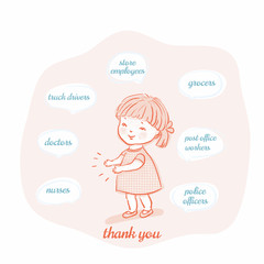 Hand drawn sketchy illustration of little girl clapping hands and giving thanks.