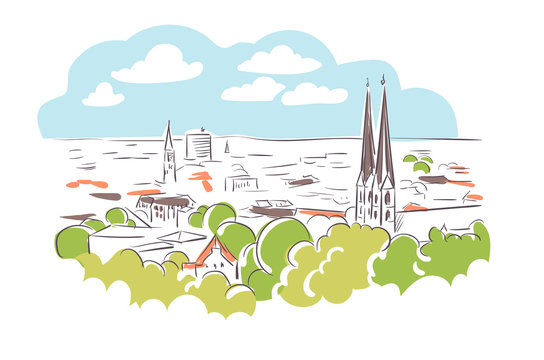 cityscape sketch, green trees, blue sky, white clouds clip art preview