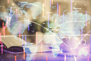 Fototapeta premium Double exposure of business theme drawing and desktop with coffee and items on table background. Concept of market trading