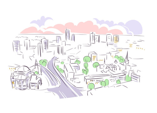 cityscape sketch with pink clouds and road clip art preview