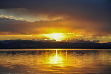Sunset at pier in the Natural Park of the Albufera in Valencia