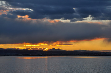 Sunset at pier in the Natural Park of the Albufera in Valencia