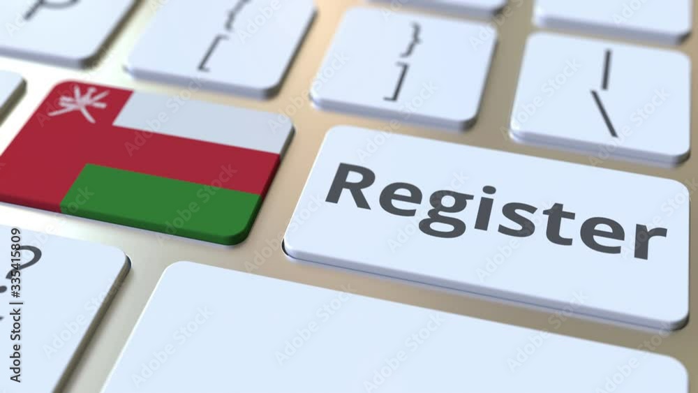 Aufkleber register text and flag of oman on the keyboard. online services related 3d animation
