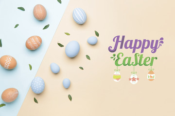 Fototapeta na wymiar Beautiful eggs and text HAPPY EASTER on color background