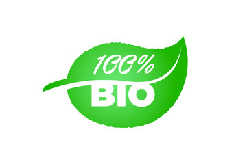 100 percent certified quality bio healthy natural product on green leaf emblem. Green eco warranty label badge concept vector isolated illustration