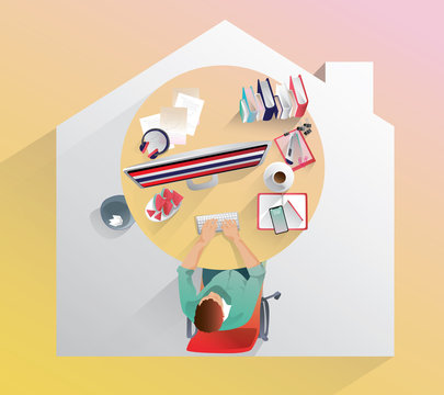 Work From Home Concept, Top View, Young People, Man Freelancers Working On Computer At Home. People At Home In Quarantine.Stay Home Vector Illustration.Flat Cartoon Character