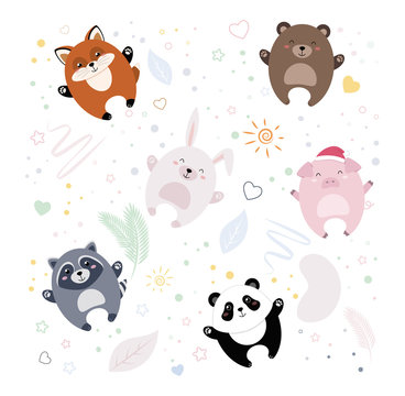 Illustration of a fox, bear, rabbit, pig, raccoon, panda on the background. Image of a fox, teddy bear, bunny, piglet, raccoon, panda. Illustration with animals