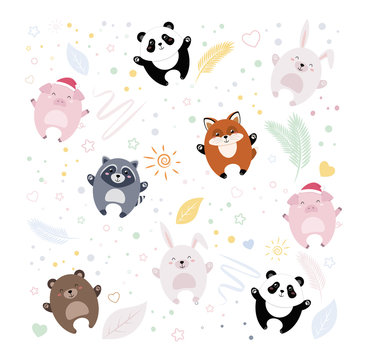 Illustration of a fox, bear, rabbit, pig, raccoon, panda on the background. Image of a fox, teddy bear, bunny, piglet, raccoon, pandochka. Illustration with animals