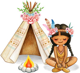 Cute watercolor boho indian girl with flowers, feathers and decorated tent © angela0982