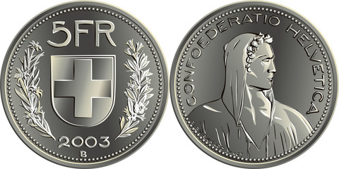 5 Swiss Francs silver coin, obverse alpine herdsman, reverse federal coat of arms, 5FR, branche of edelweiss and gentian, official coin in Switzerland