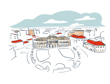 cityscape sketch with red roofs and blue sky clip art preview