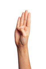 woman on white background is pointing at number four