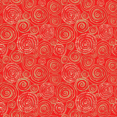 Abstract seamless pattern with 3d golden glittering acrylic paint round spiral circles on red background