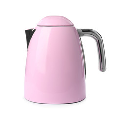 Modern pink electric kettle isolated on white