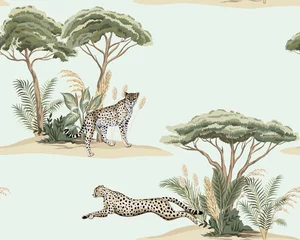 Foto op Plexiglas Tropische print Vintage savanne-eiland, plant, acaciaboom, cheetah hardlopen, luipaard dier naadloze bloemmotief blauwe achtergrond. Exotisch safaribehang.