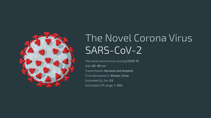 Detailed flat vector illustration of The Novel Corona Virus SARS-CoV-2, the virus causing COVID-19. Feel free to also use only parts of the illustration.