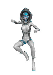 alien queen in a white sci fi outfit doing a frontal punch in a white background