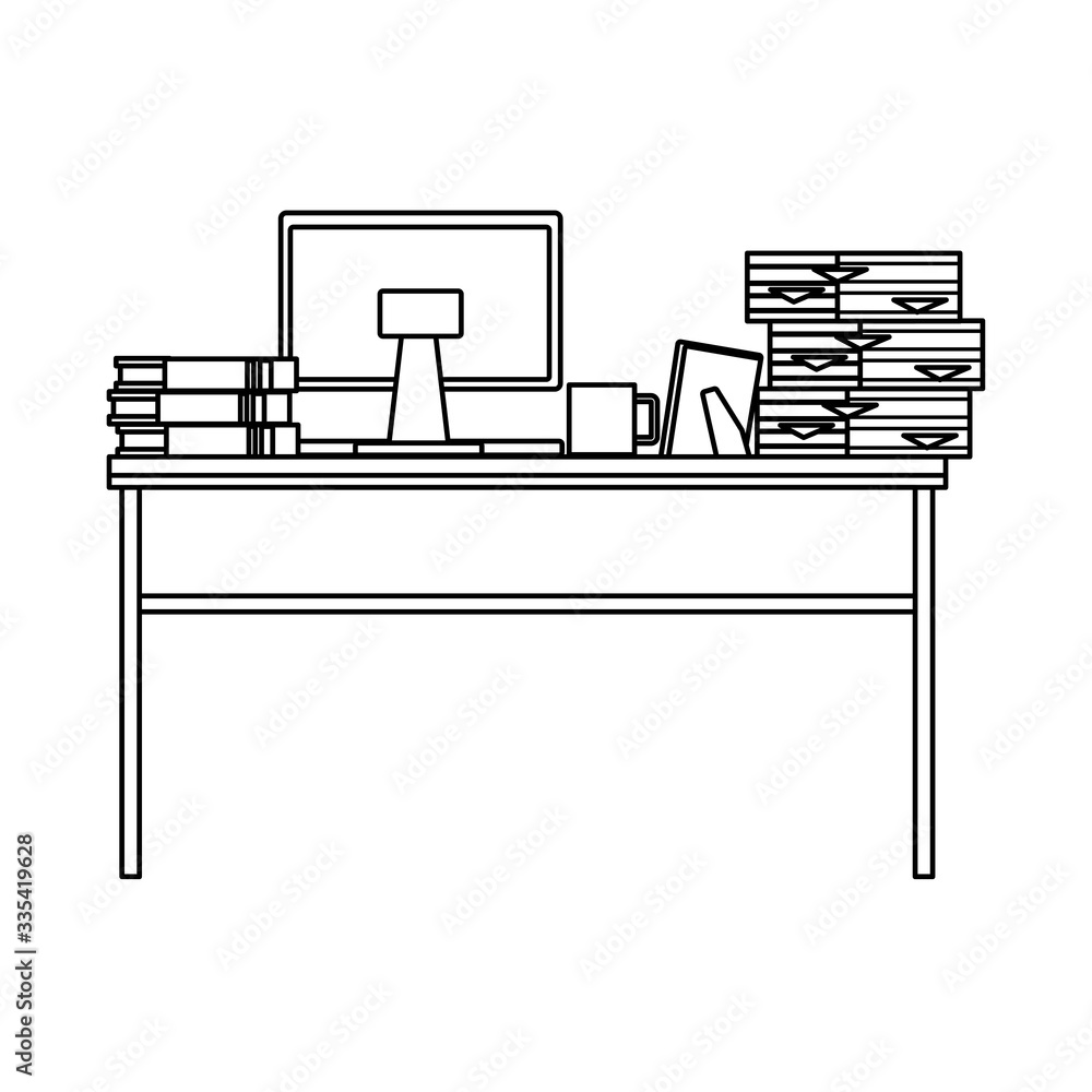 Poster desk with computer desktop and pile documents