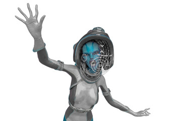 alien queen in a white sci fi outfit is giving a scare in a white background