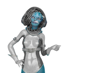 alien queen in a white sci fi outfit is thinking about in a white background