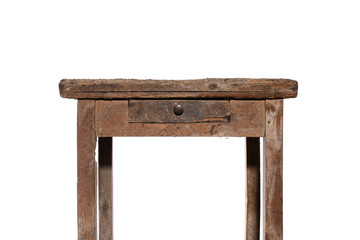 Front side of old rectangular old vintage brown work desk wooden table with one drawer in the middle