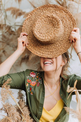 laugh girl smile joy beautifully straw hat