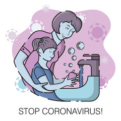 Mom teaches little daughter how to wash her hands with soap during the Covid-19 coronavirus pandemic