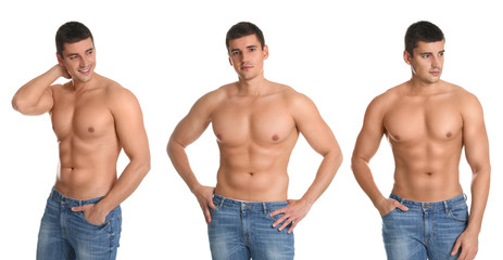 Collage of man with sexy body on white background