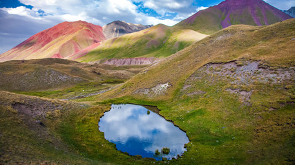 Beautiful landscape. Scenic lake between mountains. The Trans-Alay Range.  Pamir Mountain System.