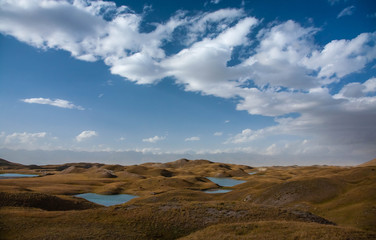 Beautiful landscape. Scenic lakes between mountains. Kyrgyz nature.