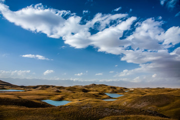 Beautiful landscape. Scenic lakes between mountains. Kyrgyz nature.
