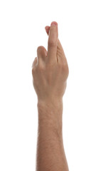 Obraz premium Man with crossed fingers against white background, closeup of hand