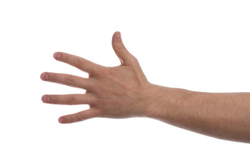 Man against white background, closeup of hand