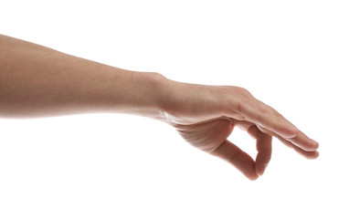 Man holding something against white background, closeup of hand