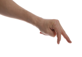 Man against white background, closeup of hand