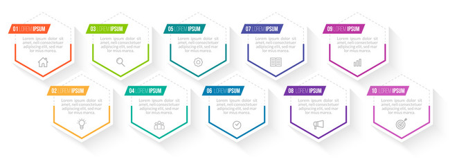 Minimal Business Infographics template. Timeline with 10 steps, options and marketing icons .Vector linear infographic with ten conected elements. Can be use for presentation.