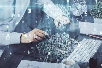 Multi exposure of man's hands holding and using a digital device and data theme drawing. Innovation concept.