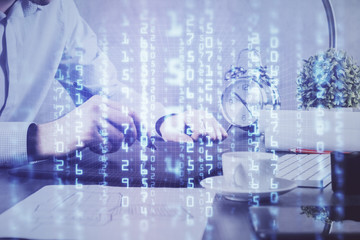 Multi exposure of man's hands holding and using a digital device and data theme drawing. Innovation concept.