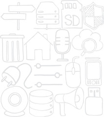 Set of diverse technological items and equipment doodle icons. Seamless pattern